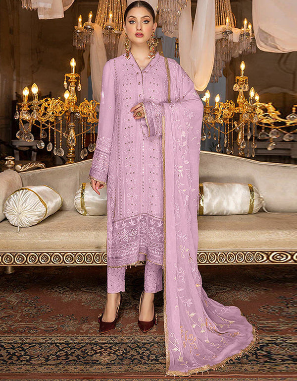 Heavy Designer Wedding Wear Salwar Kameez Light Purple Georgette Pant Straight Front View